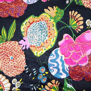 Floral Screen  Printed Fabric, Cotton Fabric, Indian Fabric, fabric by yard, Screen  Printed Cotton womens clothing Black Fruit Print fabric