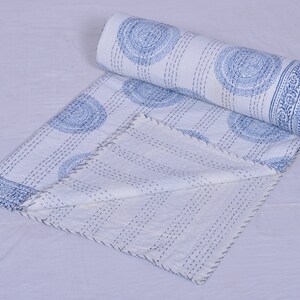 Indian Hand Block Print  Kantha Quilt Traditional Vintage Kantha Throw Blanket Bedspread Boho Queen Size Cotton Floral Print