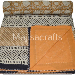 Indian Vintage Kantha Quilt Handmade Throw Bohemian Blanket Bedspread Queen Size Bedding Sofa Coverlet Floral Print quilt