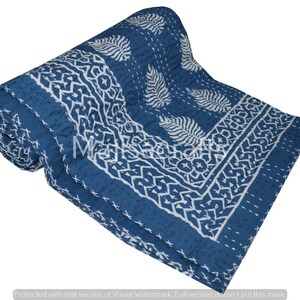 Indian Handmade Blue Color Floral Print Blanket Quilt Bedspread Throw Cotton Kantha Gudari TwinSize /QUEEN size Bedding Bed SOFA Cover