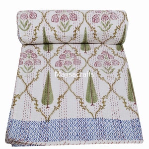Vintage Kantha Quilt Hand Block Print Vintage sofa Throw Reversible Blanket Bedspread Boho Twin/Queen/king Size Cotton Hippie Boho Floral