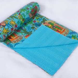 Tagesdecke Türkis Blau Patchwork Decke Quilt Handarbeit Bettüberwurf Indien T 