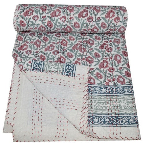 Handmade Quilt Vintage Beige Kantha Bedspread Throw Cotton Blanket Ralli Gudari 