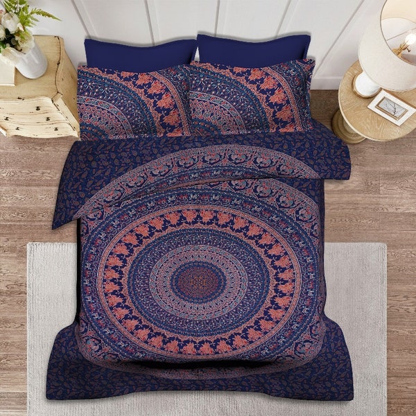 Handicraft-Palace Indian Elephant Mandala Bed Cover – Twin Size, 100% Cotton, White, With 2 Pillow Covers