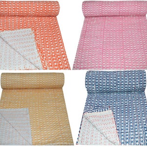 indian kantha quilt bedspread bedding throw handmade 100% cotton blanket vintage pink, yellow , blue & black dots prints gudri