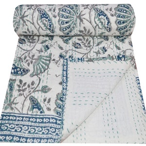 Indian Hand Block Print Kantha Quilt Bedspread Pure Cotton Bedding Throw Blanket Single/double/king Size Gudri White Color