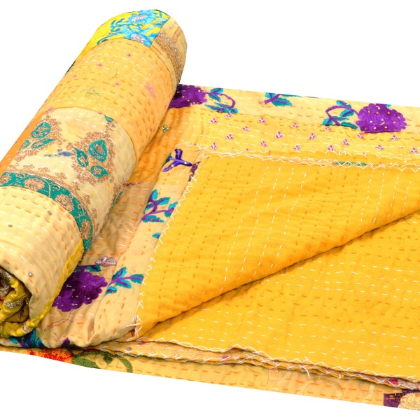 Indian Handmade beautiful khambadiya Yellow patchwork Bedspread Bedding Throw Blanket Kantha Quilt embroidery Double Size 90 X 108 inch