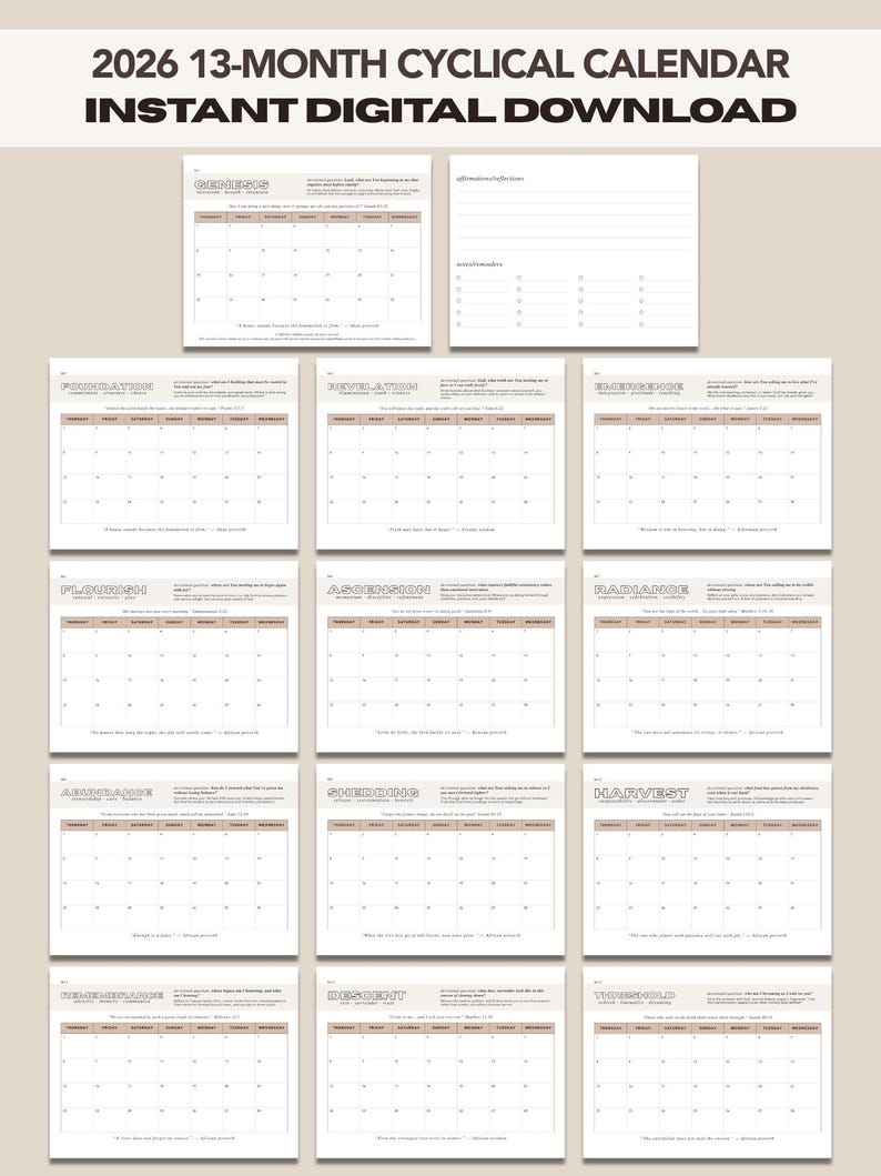 2026 13-month Printable Calendar | 28-day Cyclical Calendar ...