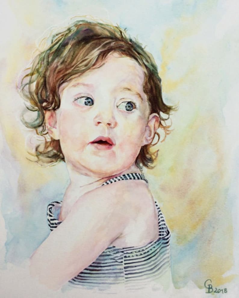 mother gift for new parents custom kid and infant portrait original watercolor portrait father,birthday,christening and baptism gift
