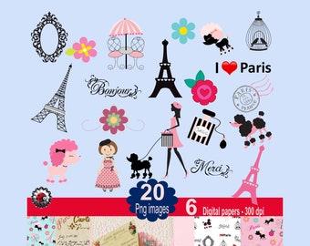 Paris Clipart, Pink Paris Clipart, Eiffel Tower clipart, French poodle, Café Table Png images, Paris scrapbook paper kit, I love Paris