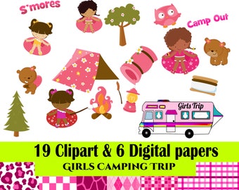 Cute Camping Clipart: Girls camping party, Camping PNG, Summer Campfire (Digital Download)