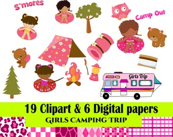 Pink Camping Clipart, Summer Camping Clipart, Campfire, Tent, Camper Clipart, Girls Trip clipart fun summer clipart and outdoor camping