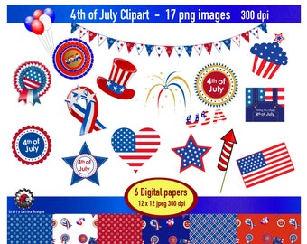 Patriotic Clipart, kit de papier clipart du jour de l’indépendance, feux d’artifice du 4 juillet, images png du drapeau américain et ensemble de papier jpeg