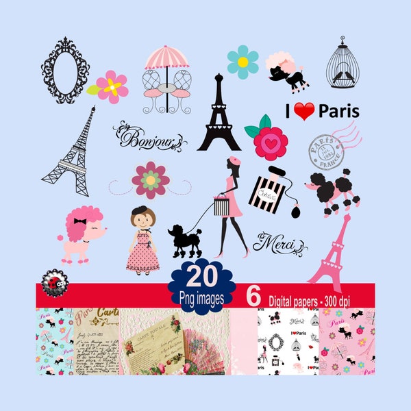 Paris Clipart, Pink Paris Clipart, Eiffel Tower clipart, French poodle, Café Table Png images, Paris scrapbook paper kit, I love Paris