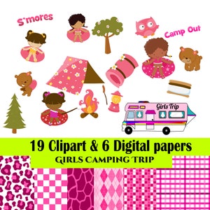 Clipart de acampamento rosa, clipart de acampamento de verão, fogueira, barraca, clipart de campista, clipart de viagem para meninas clipart divertido de verão e acampamento ao ar livre