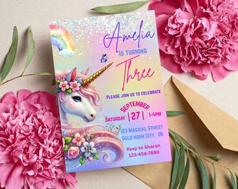 Editable Unicorn Birthday Invitation, Rainbow Unicorn Birthday Invite, Pastel Unicorn Invitation Printable