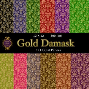 Gold Damask Digital Papers, texture scrapbook paper, gold pattern background digital paper, instant download, background paper kit