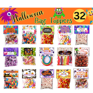 Könnte beinhalten: Eine Sammlung von 32 Halloween-Beutelaufsteckern mit verschiedenen bunten Monsterillustrationen und Texten wie Happy Halloween, Monster Munch, Monster Mash und Trick or Treat, über durchsichtigen Plastiktüten mit verschiedenen Süßigkeiten.