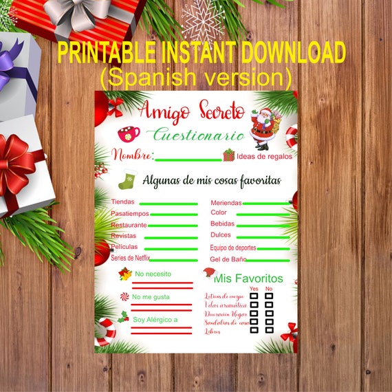 Secret Santa questionnaire (Amigo Secreto) Printable -PDF Instant Download  (Spanish version)
