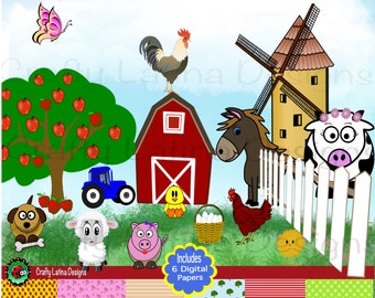 Farm Animals Clipart Bundle, Cute Farm Animal PNG, Barnyard Animals Clipart, Kids Clipart, Baby Farm Animals, Digital Papers