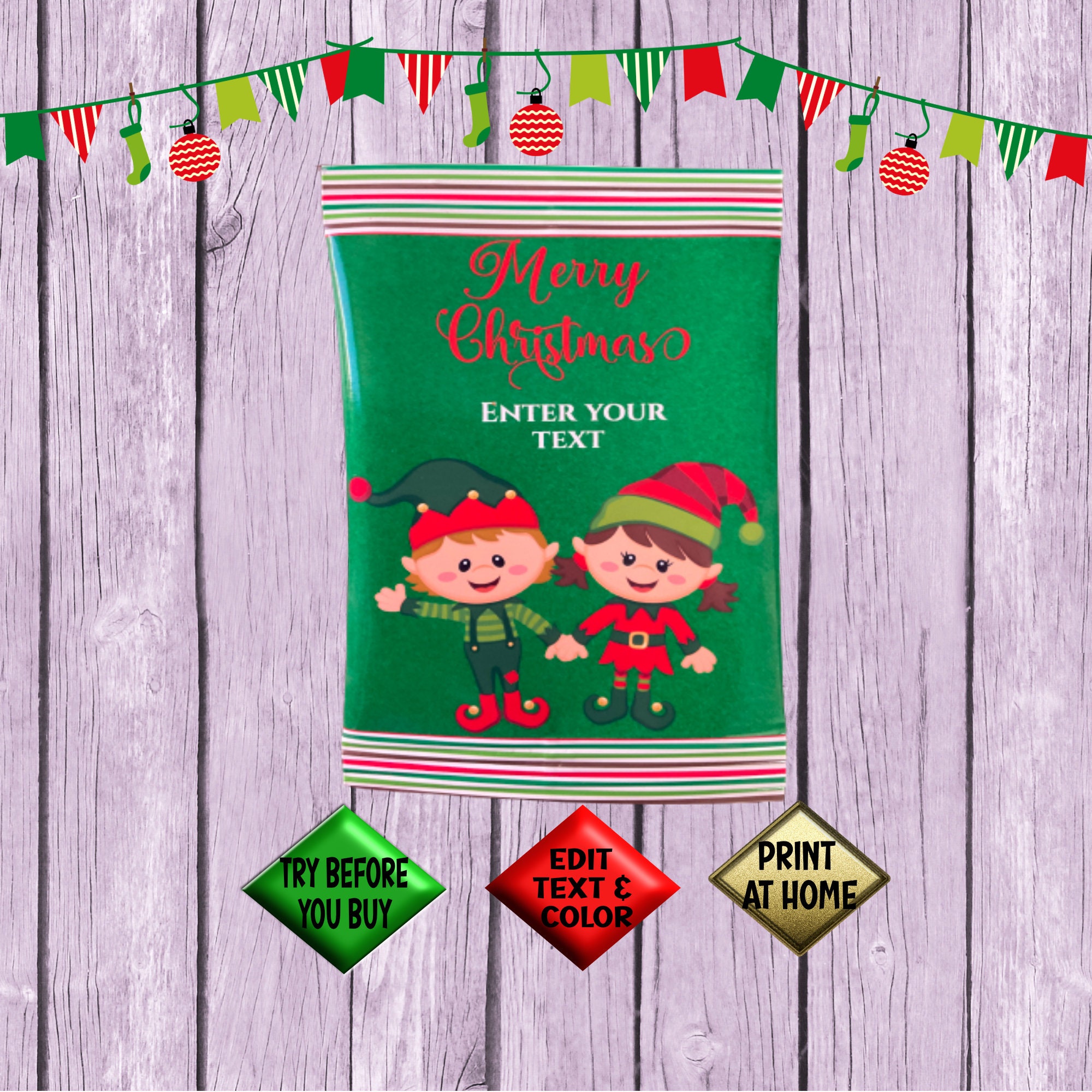 Editable Christmas Elf Chip Bag Wrapper, Christmas Treat Bag