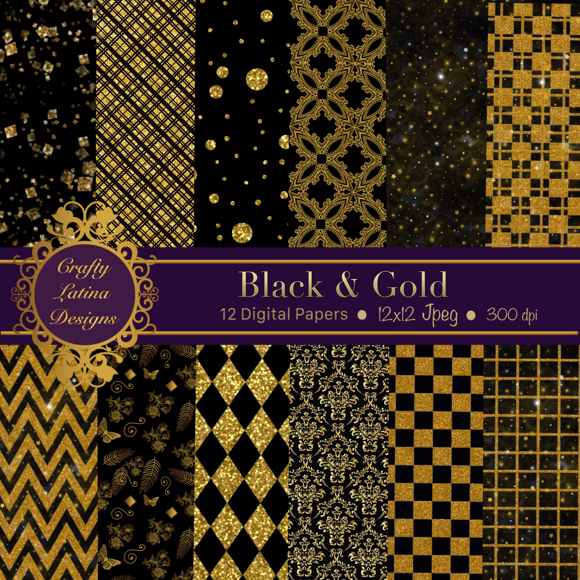 Black and Gold Digital Paper Gold and Black Paper Printable | Etsy