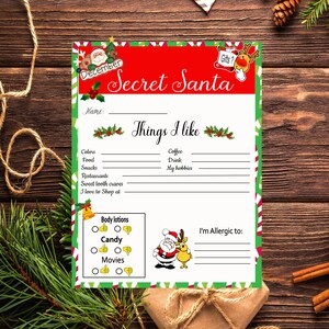 Secret Santa Printable Questionnaire 8.5 x 11 Printable -PDF -JPEG Instant Download