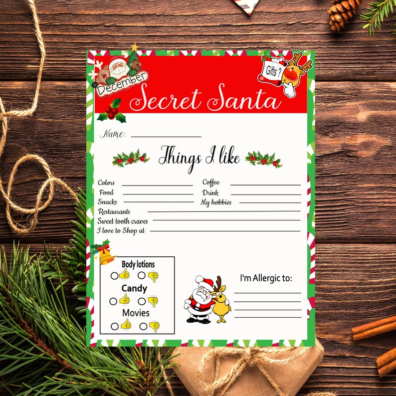 Secret Santa Printable Questionnaire 8.5 X 11 Printable -PDF -JPEG ...