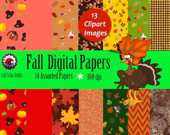 May include: A set of 14 digital papers featuring fall-themed patterns, including turkeys, pumpkins, leaves, and hats. The papers are 300 dpi and come with 13 clipart images.  Fall Digital Papers. 14 Assorted Papers. 300 dpi.