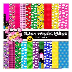 May include: A set of 20 digital papers featuring comic book style designs. The papers are 12 inches by 12 inches and feature a variety of colors, patterns, and text, including "BOOM!" "POW!" and "WHAM!"