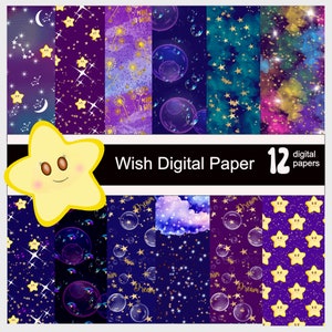 Wish digital paper pack, Wish upon a star digital kit, wish dream digital papers, instant download, wish printable papers.