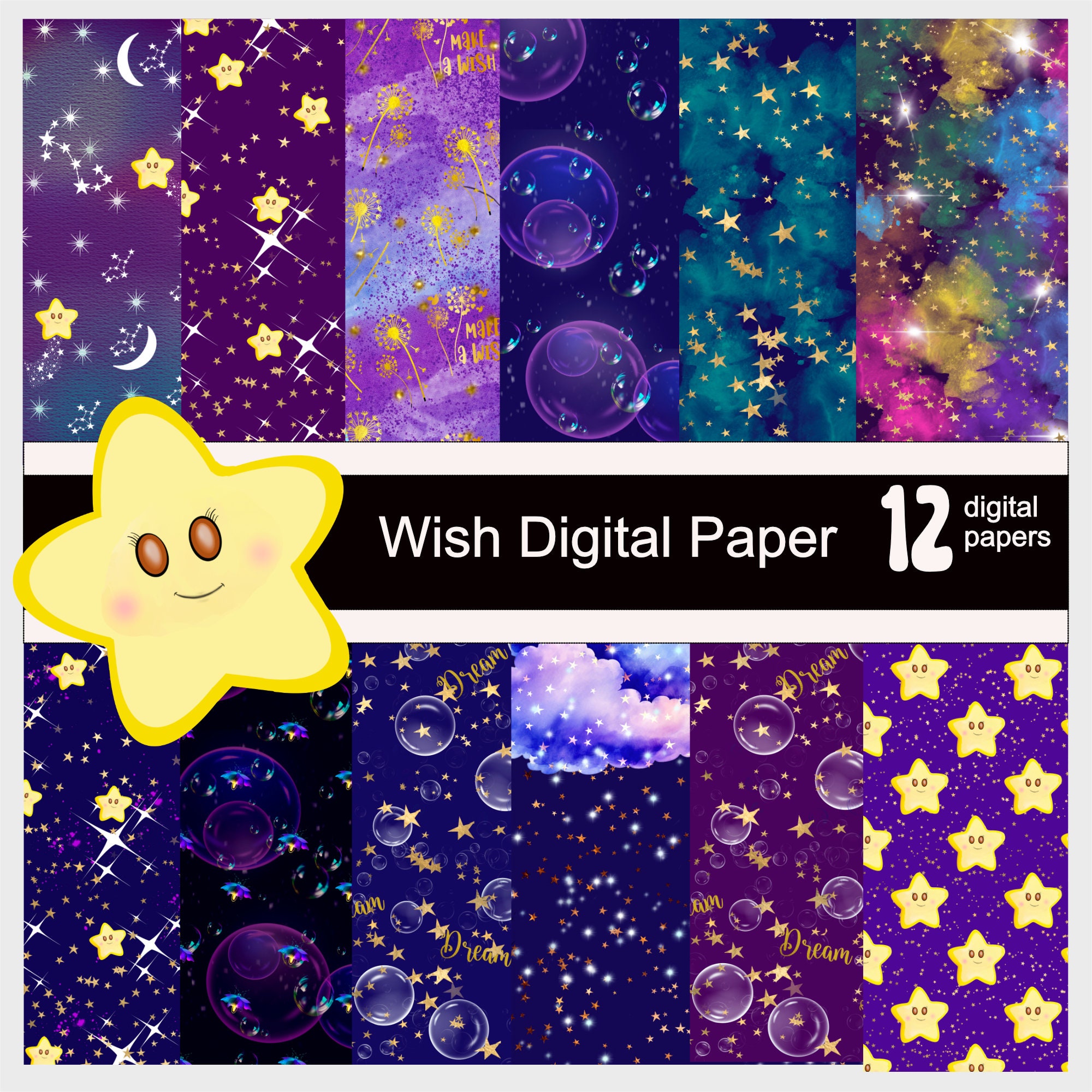 Wish Upon a Star Digital Paper Pack: Scrapbook & Party Decor (PDF)