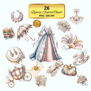 Pode incluir: Conjunto de clipart em aquarela com 26 ilustrações inspiradas na Regência. Inclui um vestido azul e rosa, uma carruagem, uma chávena de chá, um leque e outros elementos vintage. O texto na imagem diz "26 Regency-Inspired Clipart PNG / 300 DPI."