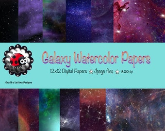 Watercolor Galaxy Digital Paper Pack: Night Sky Scrapbook Backgrounds (Digital Download)