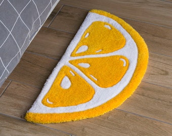 Handgemaakt citroenkleed, handgetuft vloerkleed, vloerkleed citroen, klein vloerkleed, vloerkleed slaapkamer, kleurrijk en helder huisdecor