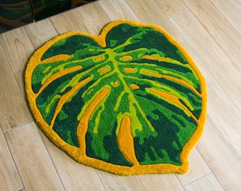 Handgemaakt getuft tapijt - Tapijt met monstera deliciosablad, op kamerplant geïnspireerd tapijt, esthetiek kamer, bohokamerdecor, vloerkleed bloemen