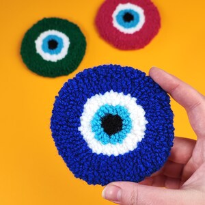 Evil Eye Mug Coasters - Pink Evil Eye Mug Rug, Green Evil Eye Coaster, Gift Idea, Colorful Mug Coasters, Punch Needle Coasters