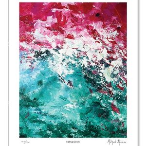 May include: Abstract painting with a vibrant mix of pink, white, and teal colors. The painting has a textured, brushstroke effect and is signed "Michael Agapine" in the bottom right corner. The title "Falling Down" is written in the bottom center of the painting.