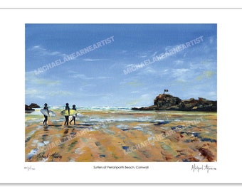 Surfers at Perranporth Beach, Cornwall. Limited Edition, Signed Giclée Fine Art Print from my Original Oil Painting