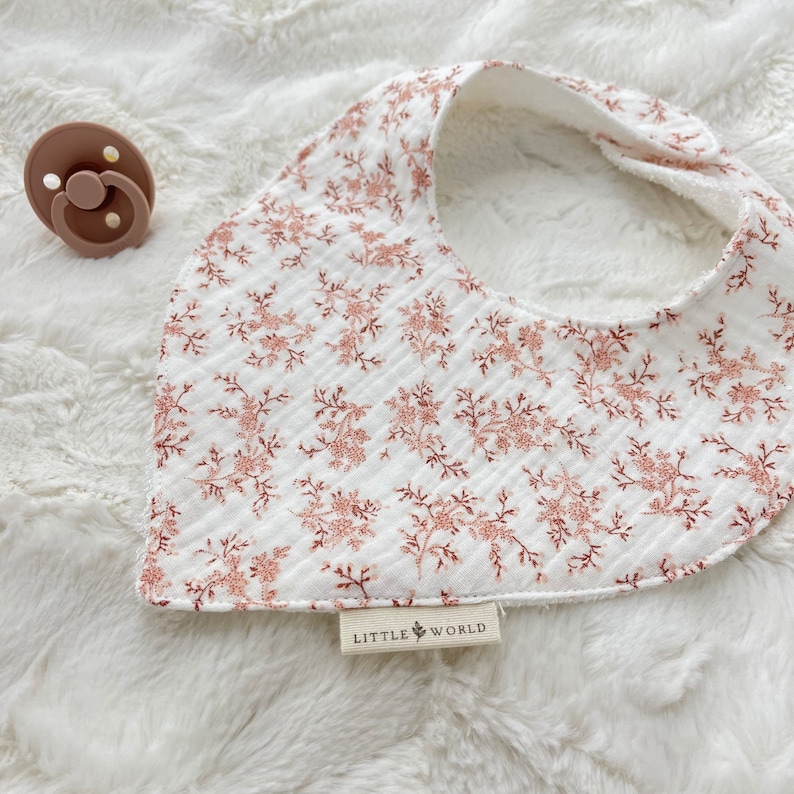 Bandana style bib Cotton / Linen and Bamboo Rattle Camellia image 1