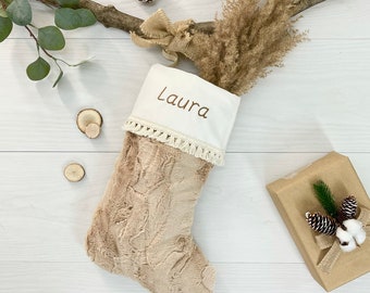 Personalized Embroidered Beige Faux Fur Christmas Stocking