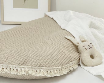 Beige embossed cotton covered with a Fringe for relaxing cushion (lounger cushion) - 79 cm x 51 cm