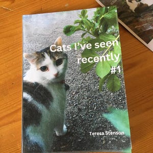 Puede incluir: Una portada de libro titulada "Cats I've seen recently #1" con un gato de pelaje blanco, marrón y negro. La portada también incluye follaje verde y el nombre de la autora, Teresa Stenson. Una segunda imagen con un gato es visible en el fondo.