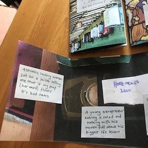 Puede incluir: Un fanzine con un collage de im&aacute;genes y notas escritas a mano. Una nota dice: "YOUTUBE ADS I COULD DO WITHOUT". Otra dice: "Athletic looking woman sat on a toilet telling me that if my poop (her word) floats it's bad news". Una tercera nota dice: "Home movies 2000" y "A young entrepreneur eating a salad and talking with his mouth full about his biggest life lesson".