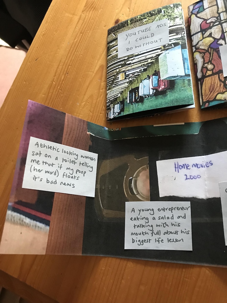 Puede incluir: Un fanzine con un collage de im&aacute;genes y notas escritas a mano. Una nota dice: "YOUTUBE ADS I COULD DO WITHOUT". Otra dice: "Athletic looking woman sat on a toilet telling me that if my poop (her word) floats it's bad news". Una tercera nota dice: "Home movies 2000" y "A young entrepreneur eating a salad and talking with his mouth full about his biggest life lesson".