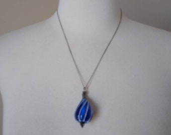 Vintage Sterling Necklace with Cobalt Blue and White Art Glass Globe Pendant