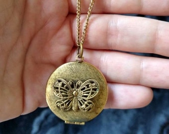 Butterfly Locket Signed Frierich Brushed Gold Tone