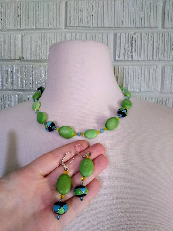 Vintage Blue and Green Beaded Neckalce with Match… - image 1