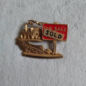 Vintage AJC Sold House Red Enamel and Gold Tone Brooch