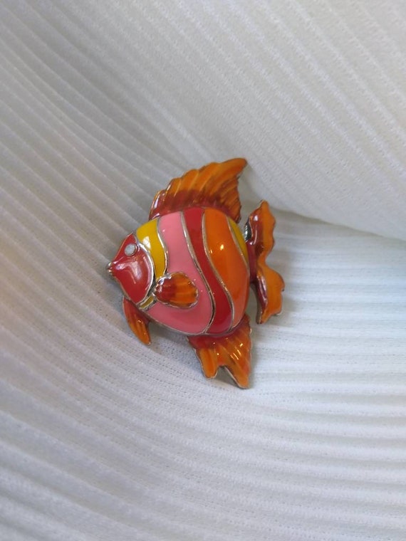 Vintage Orange Stripe Enamel Tropical Fish Brooch… - image 1